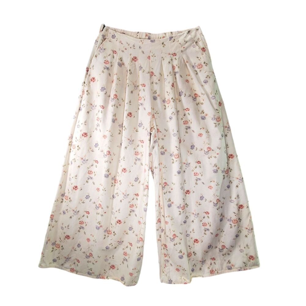 sz L Wide Leg Cream Floral Pants Pleated Cottagecore Coquette Beige Feminine